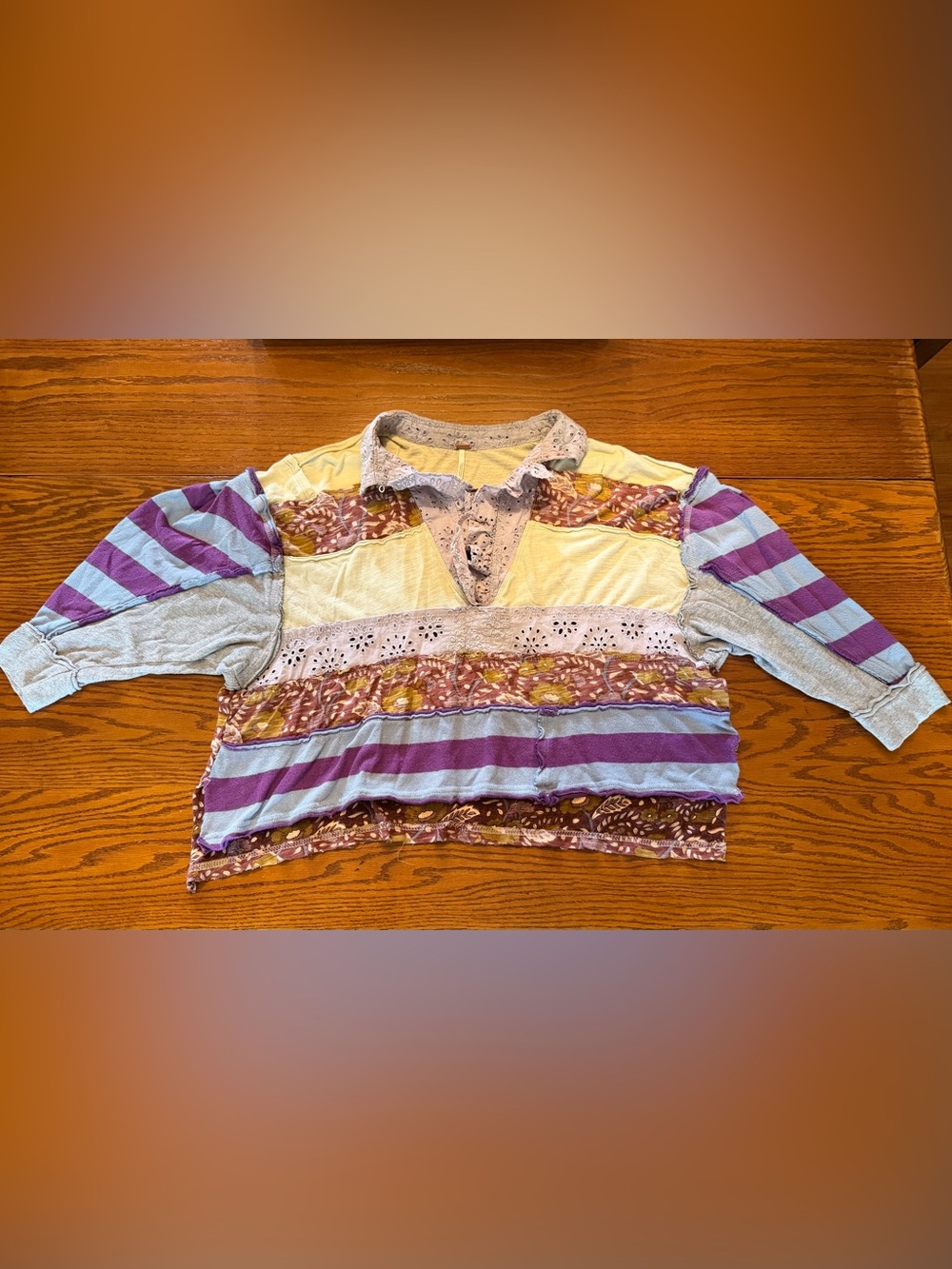 Free People Lavender and Yellow Mixed-Pattern Eyelet Cropped Polo